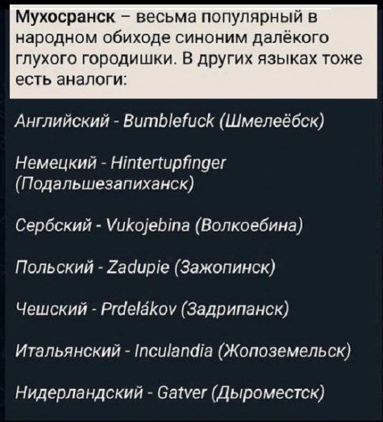 Мухосранск весьма популярный в народном обиходе синоним далекого глухого городишки В других языках тоже есть аналоги Английский ВитЫеисК Шмелеёбск Немецкий Нттегирйпдег Подальшезапиханск Сербский икоеБта Волкоебина Польский Задирге Зажопинск Чешский Ргае8Коу Задрипанск Итальянский псиапаа Жопоземельск Нидерландский Сайуег Дыроместск