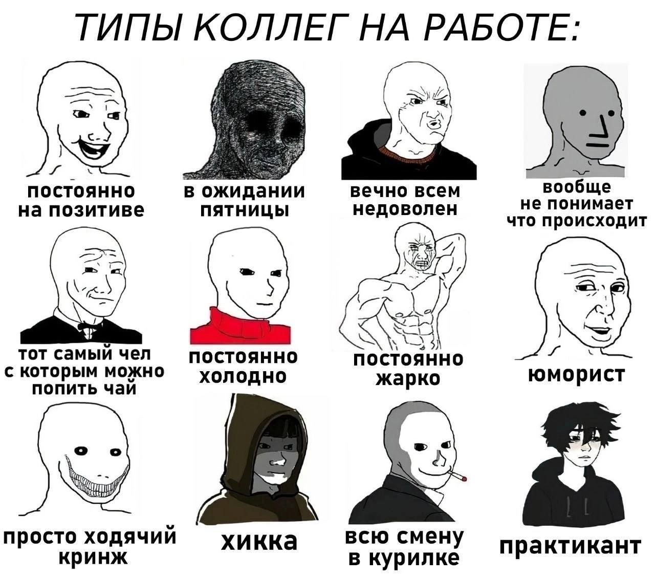 ТИПЫ КОЛЛЕГ НА РАБОТЕ В постоянно в ожидании вечно всем вообще на позитиве пятницы недоволен не понимает что происходит тот са постоянно с которым можно Холодно попить чай просто ходячий всю смену Н хикка овилые практикант оморист