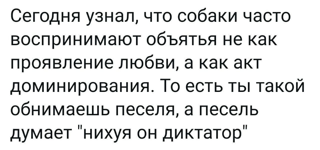 Сегодня узнал что собаки часто воспринимают объятья не как проявление любви а как акт доминирования То есть ты такой обнимаешь песеля а песель думает нихуя он диктатор