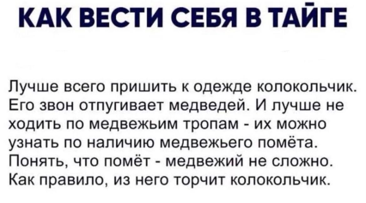 КАК ВЕСТИ СЕБЯ В ТАЙГЕ Пучше всего пришить к одежде колокольчик Его звон отпугивает медведей И лучше не ходить по медвежьим тропам их можно узнать по наличию медвежьего помёта Понять что помёт медвежий не сложно Как правило из него торчит колокольчик