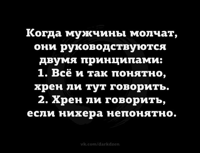 Когда мужчины молчат они руководствуются двумя принципами 1 Всё и так понятно хрен ли тут говорить 2 Хрен ли говорить если нихера непонятно