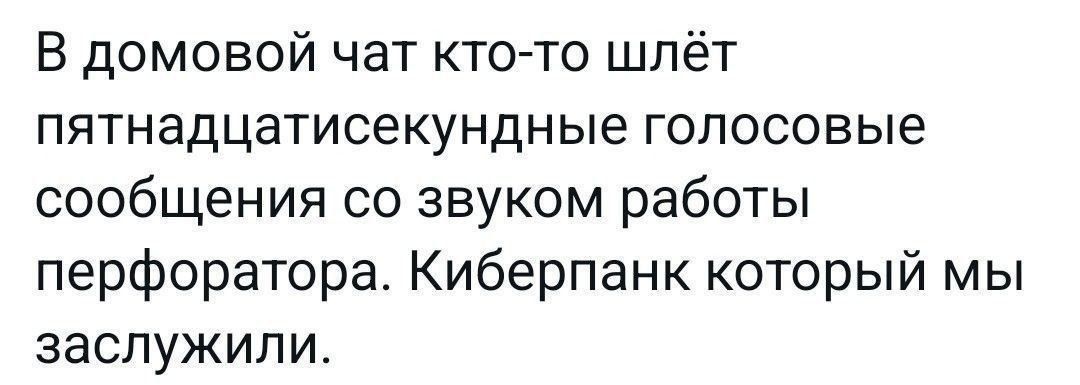 В домовой чат кто то шлёт пятнадцатисекундные голосовые сообщения со звуком работы перфоратора Киберпанк который мы заслужили