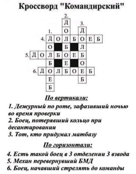 Кроссворд Командирский п 599 н 9 По вертикали 1 Дежурный по роте зафазивший почью в0 время проверки 2 Боец потерявший кольцо при десантировании 3 Тот кто придумал матбазу По горизонтали 4 Есть такой боец в 3 отделении 3 взвода 5 Механ перевернувший БМД 6 Боец начавший стрелять до команды