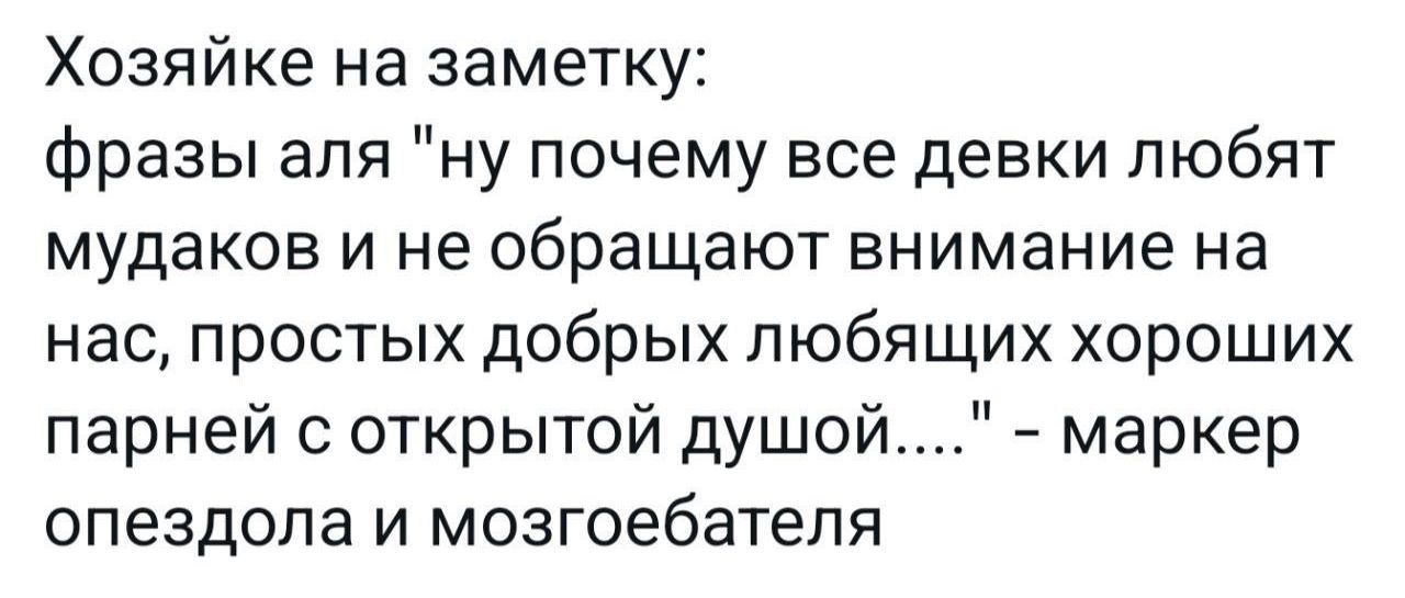 Хозяйке на заметку фразы аля ну почему все девки любят мудаков и не обращают внимание на нас простых добрых любящих хороших парней с открытой душой маркер опездола и мозгоебателя