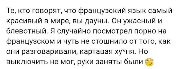 Те кто говорят что французский язык самый красивый в мире вы дауны Он ужасный и блевотный Я случайно посмотрел порно на французском и чуть не стошнило от того как они разговаривали картавая хуня Но выключить не мог руки заняты были 3