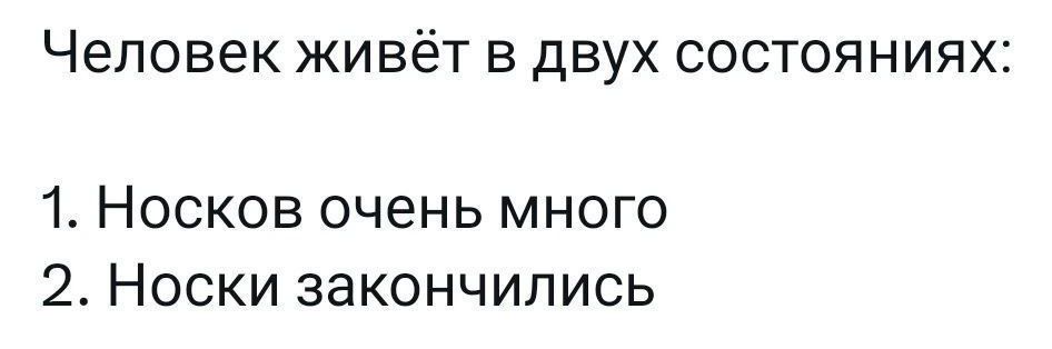 Человек живёт в двух состояниях 1 Носков очень много 2 Носки закончились