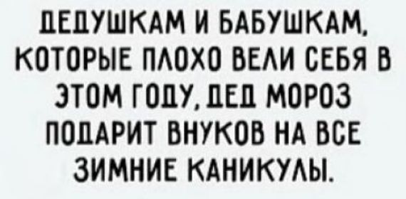 ДЕДУШКАМ И БАБУШКАМ КОТОРЫЕ ПЛОХО ВЕЛИ СЕБЯ В ЭТОМ ГОДУ ДЕД МОРОЗ ПОДАРИТ ВНУКОВ НА ВСЕ ЗИМНИЕ КАНИКУЛЫ