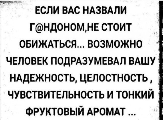 ЕСЛИ ВАС НАЗВАЛИ ГНДОНОМНЕ СТОИТ ОБИЖАТЬСЯ ВОЗМОЖНО ЧЕЛОВЕК ПОДРАЗУМЕВАЛ ВАШУ НАДЕЖНОСТЬ ЦЕЛОСТНОСТЬ ЧУВСТВИТЕЛЬНОСТЬ И ТОНКИЙ ФРУКТОВЫЙ АРОМАТ