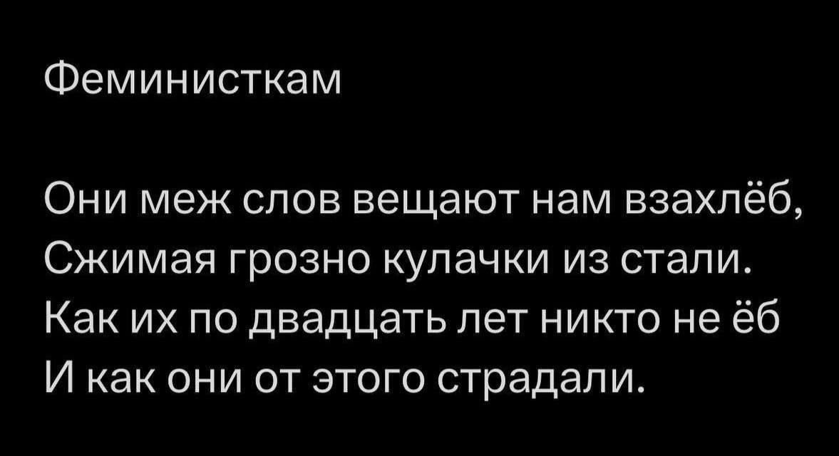 Феминисткам Они меж слов вещают нам взахлёб Сжимая грозно кулачки из стали Как их по двадцать лет никто не ё6 И как они от этого страдали