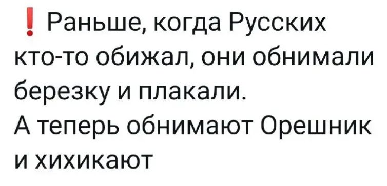 Раньше когда Русских кто то обижал они обнимали березку и плакали Атеперь обнимают Орешник и хихикают