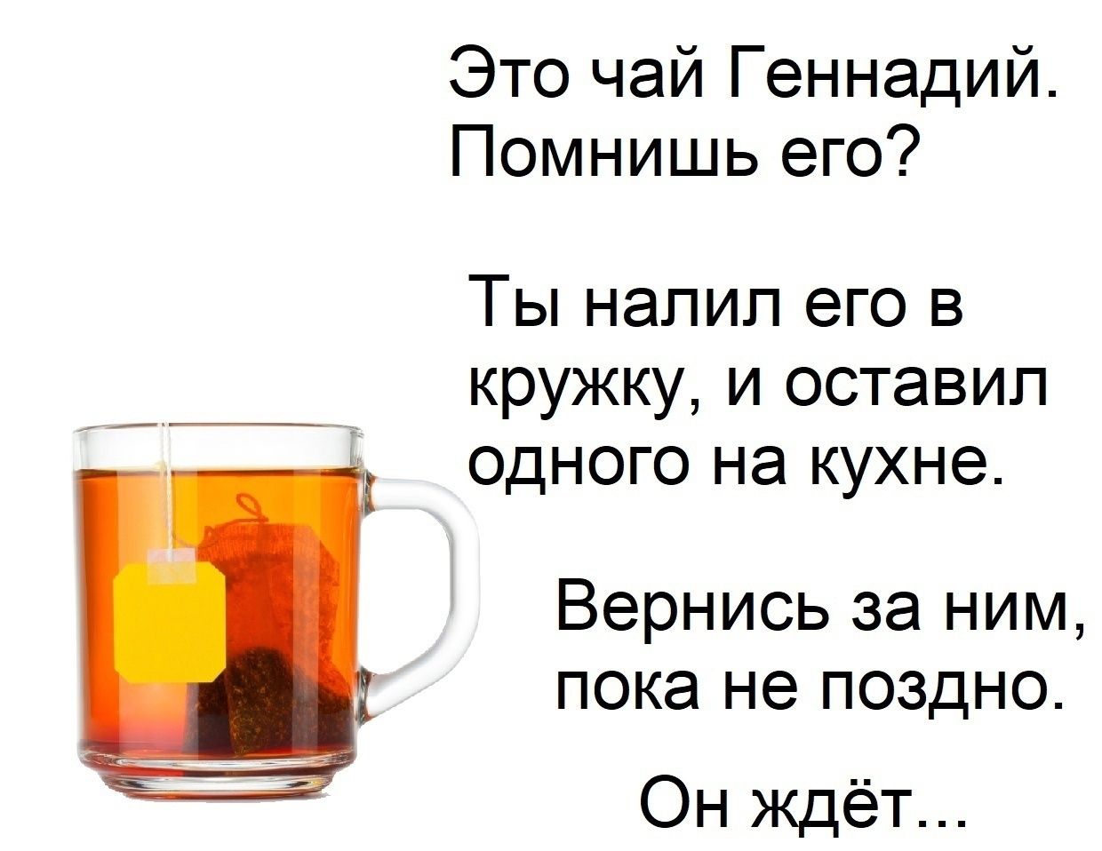 Это чай Геннадий Помнишь его Ты налил его в кружку и оставил одного на кухне Вернись за ним пока не поздно Он ждёт