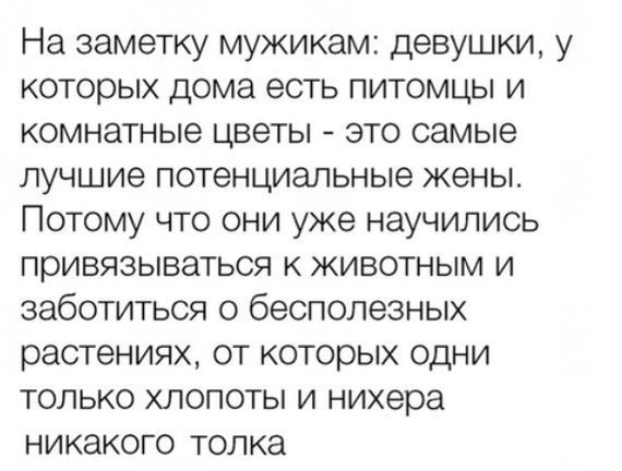 На заметку мужикам девушки у которых дома есть питомцы и комнатные цветы это самые лучшие потенциальные жены Потому что они уже научились привязываться к животным и заботиться о бесполезных растениях от которых одни только хлопоты и нихера никакого толка