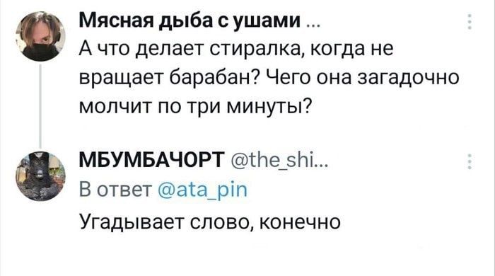 Мясная дыба с ушами Ачто делает стиралка когда не вращает барабан Чего она загадочно молчит по три минуты МБУМБАЧОРТ е 5 В ответ аа_рп Угадывает слово конечно