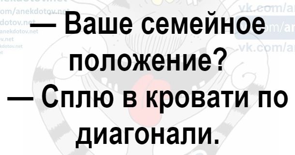 Ваше семейное положение Сплю в кровати по диагонали