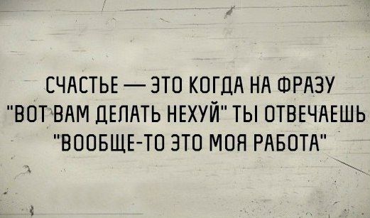 СЧАСТЬЕ ЭТО КОГДА НА ФРАЗУ ВОТВАМ ДЕЛАТЬ НЕХУЙ ТЫ ОТВЕЧАЕШЬ ВООБЩЕ ТО ЭТО МОЯ РАБОТА