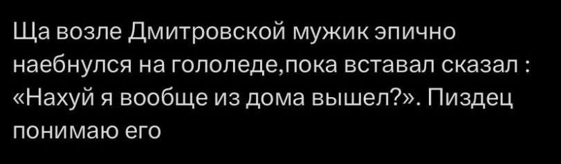 Ща возле Дмитровской мужик эпично наебупся на гололедепока вставал сказал Нахуй я вообще из дома вышел Пиздец понимаю его