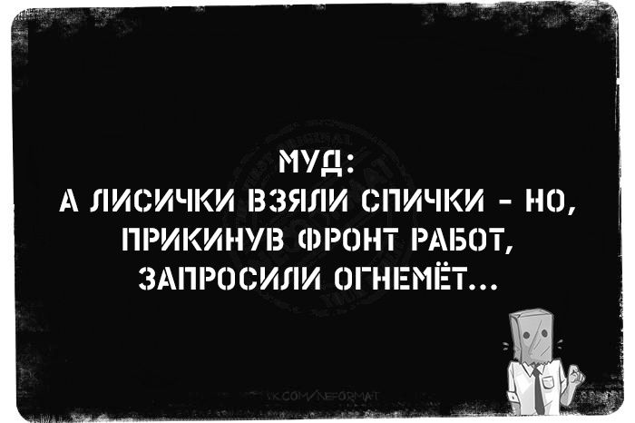 МУД А ЛИСИЧКИ ВЗЯЛИ СПИЧКИ НО ПРИКИНУВ ФРОНТ РАБОТ ЗАПРОСИЛИ ОГНЕ