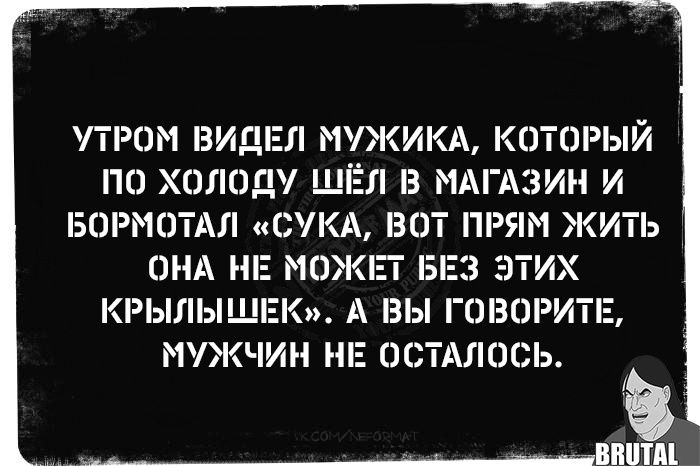 УТРОМ ВИДЕЛ МУЖИКА КОТОРЫЙ по холодУ ШЁЛ В МАГАЗИН И БОРМОТАЛ СУКА ВОТ ПРЯМ ЖИТЬ ОНА НЕ МОЖЕТ БЕЗ ЭТИХ КРЫЛЫШЕК А ВЫ ГОВОРИТЕ МУЖЧИН НЕ ОСТАЛОСЬ аьна ооуааы оан аы на оо а З6 ОЕ