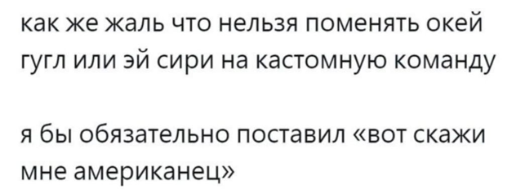 как же жаль что нельзя поменять окей гугл или эй сири на кастомную команду я бы обязательно поставил вот скажи мне американец