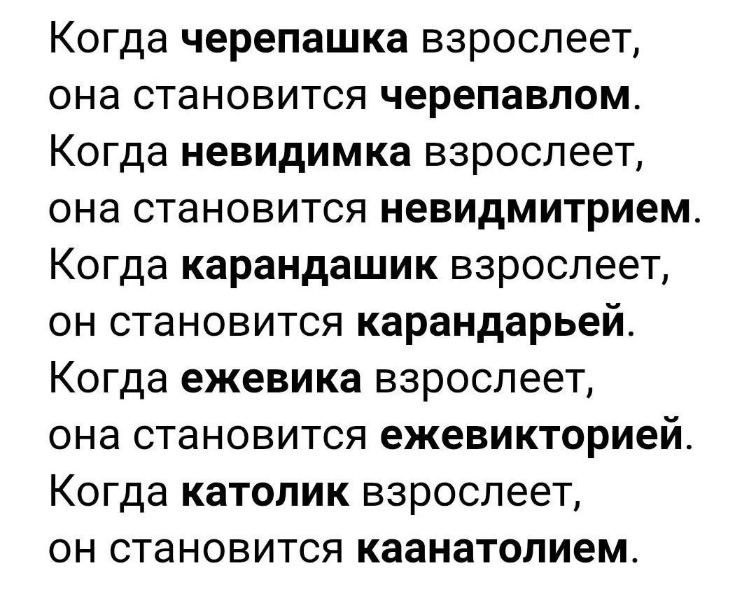 Когда черепашка взрослеет она становится черепавлом Когда невидимка взрослеет она становится невидмитрием Когда карандашик взрослеет он становится карандарьей Когда ежевика взрослеет она становится ежевикторией Когда католик взрослеет он становится каанатолием