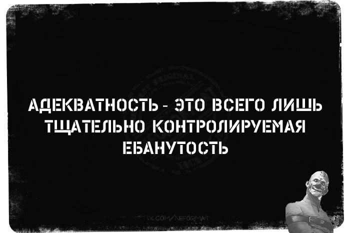 АДЕКВАТНОСТЬ ЭТО ВСЕГО ЛИШЬ ТЩАТЕЛЬНО КОНТРОЛИРУЕМАЯ ЕБАНУТОСТЬ