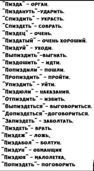 ПизДА ОРГАН ПиздАНУТЬ УДАРИТЬ Спиздить УКРАСТЬ СпиздЕТЬ СОВРАТЬ ПиздЕц ОЧЕНЬ ПизДАТЫЙ ОЧЕНЬ ХОРОШИЙ Пиздуй уходи Выпиздить выгнАТЬ Пиздошить идти Попиздили пошли ПРОПИздитЬ ПРОЙТИ Упиздить уйти Пиздюли НАКАЗАНИЯ Отпиздить извить ВыпиздЕТЬСЯ ВЫГОВОРИТЬСЯ ДопиздЕтЬся ДОГОВОРИТЬСЯ ЗАПИЗДЕТЬ ЗАБОЛТАТЬ Пиздеть ВРАТЬ Пиздеж ложь ПиздАБОЛ БОЛТУН Пиздун ОБ