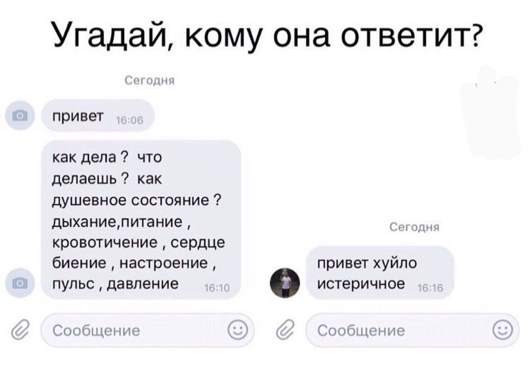 Угадай кому она ответит привет как дела что делаешь как душевное состояние дыханиепитание кровотичение сердце биение настроение привет хуйло пульс довление ФБ