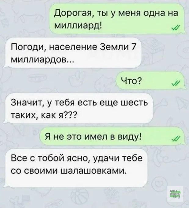 Дорогая ты у меня одна на миллиард Погоди население Земли 7 миллиардов Что Значит у тебя есть еще шесть таких как я Я не это имел в виду Все с тобой ясно удачи тебе со своими шалашовками м