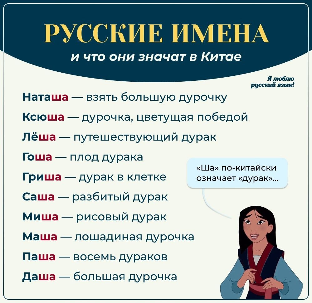 РУССКИЕ ИМЕНА и что они значат в Китае Наташа взять большую дурочку Ксюша дурочка цветущая победой Ллёша путешествующий дурак Гоша плод дурака й Гриша дурак в клетке означаетдуреке Саша разбитый дурак Миша рисовый дурак Маша лошадиная дурочка Паша восемь дураков Даша большая дурочка