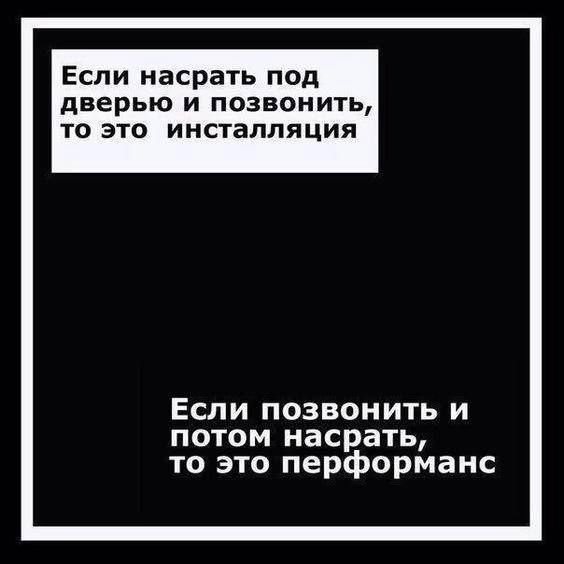 Если насрать под дверью и позвонить то это инсталляция Если позвонить и потом насрать то это перформанс