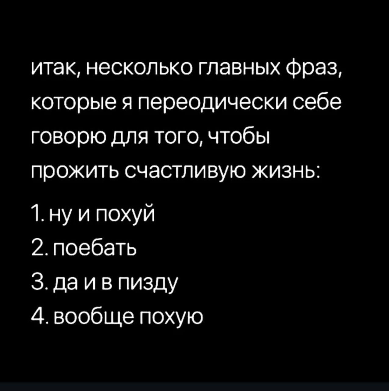 итак несколько главных фраз которые я переодически себе говорю для того чтобы прожить счастливую жизнь 4 ну и похуй 2поебать З да и в пизду 4вообще похую