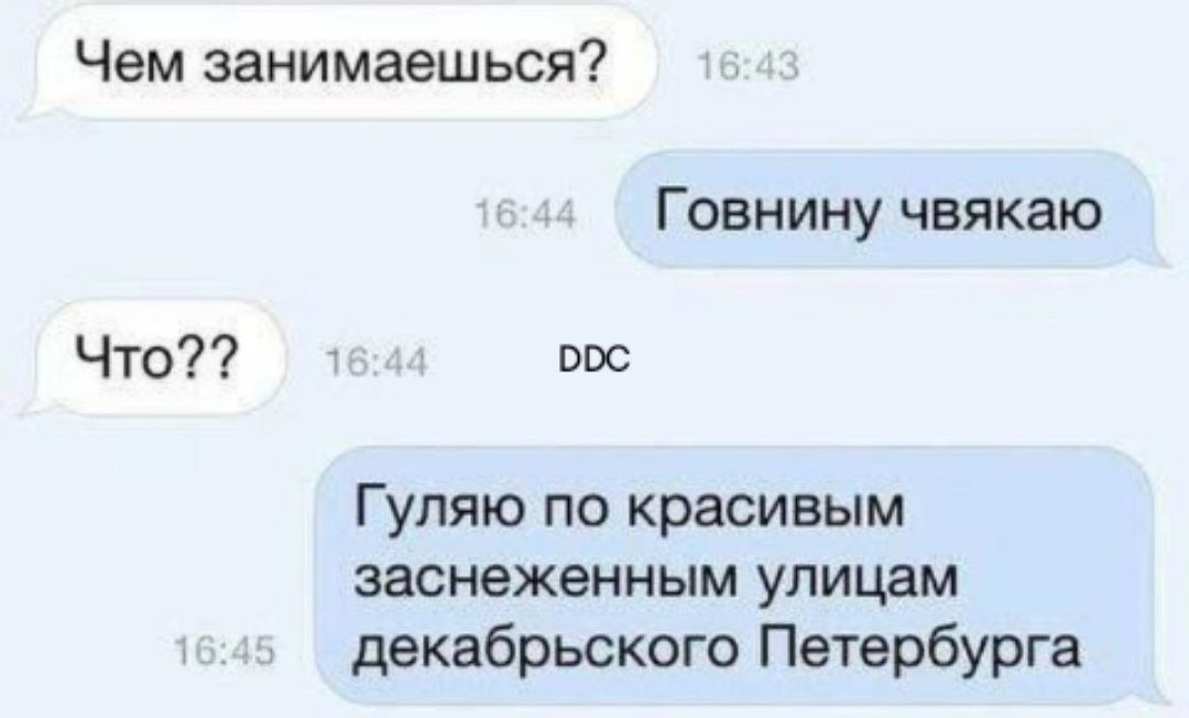 Чем занимаешься Говнину чвякаю Что 1 оос Гуляю по красивым заснеженным улицам 1 декабрьского Петербурга