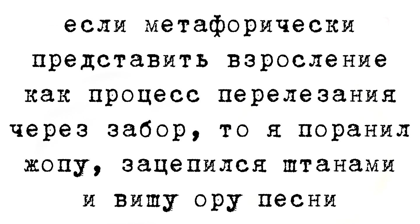 если метафорически представить взросление как процесс перелезания через забор то я поранил жопу зацепился штанами и вишу ору песни