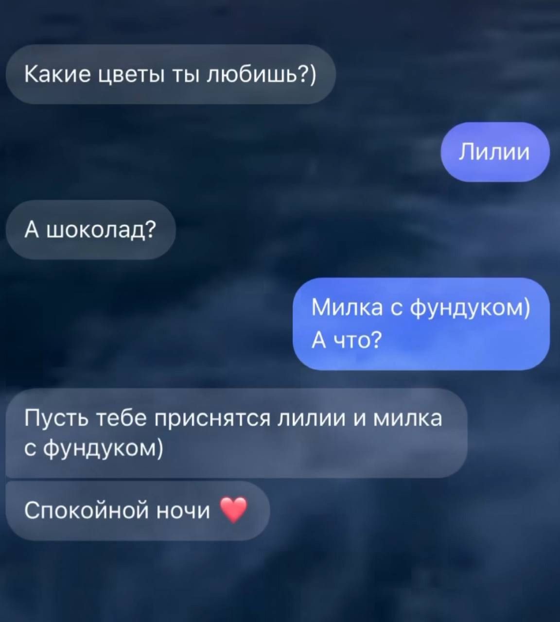 Какие цветы ты любишь?)
Лилии
А шоколад?
Милка с фундуком) А что?
Пусть тебе приснится лилии и милка с фундуком)
Спокойной ночи ❤️