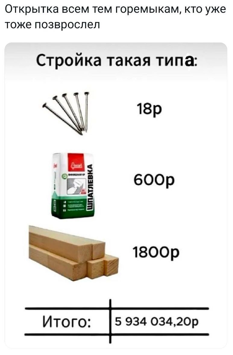 Открытка всем тем горемыкам, кто уже тоже повзрослел

Стройка такая типа:

18p

600р

1800p

Итого: 5 934 034,20р