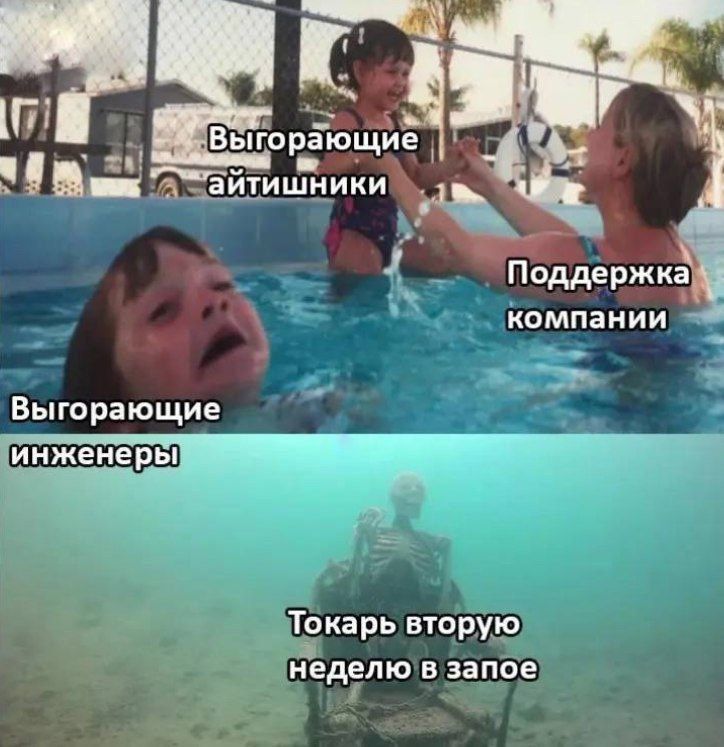 Выгорящие айтишники
Поддержка компании
Выгорящие инженеры
Токарь вторую неделю в запое