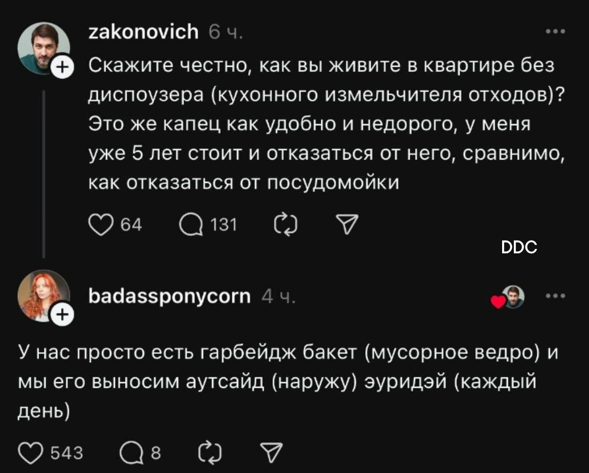 Скажите честно, как вы живите в квартире без диспоузера (кухонного измельчителя отходов)? Это же капец как удобно и недорого, у меня уже 5 лет стоит и отказаться от него, сравнимо, как отказаться от посудомойки.

У нас просто есть гарбейдж бакет (мусорное ведро) и мы его выносим аутсайд (наружу) ежедневно (каждый день)