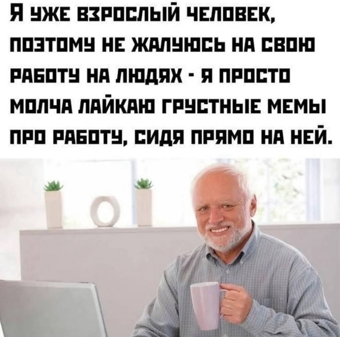 Я уже взрослый человек, поэтому не жалуюсь на свою работу на людях - я просто молча лайкаю грустные мемы про работу, сидя прямо на ней.