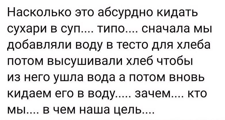 Насколько это абсурдно кидать сухари в суп.... типа.... сначала мы добавляли воду в тесто для хлеба потом высушивали хлеб чтобы из него ушла вода а потом вновь кидаем его в воду..... зачем.... кто мы.... в чем наша цель....