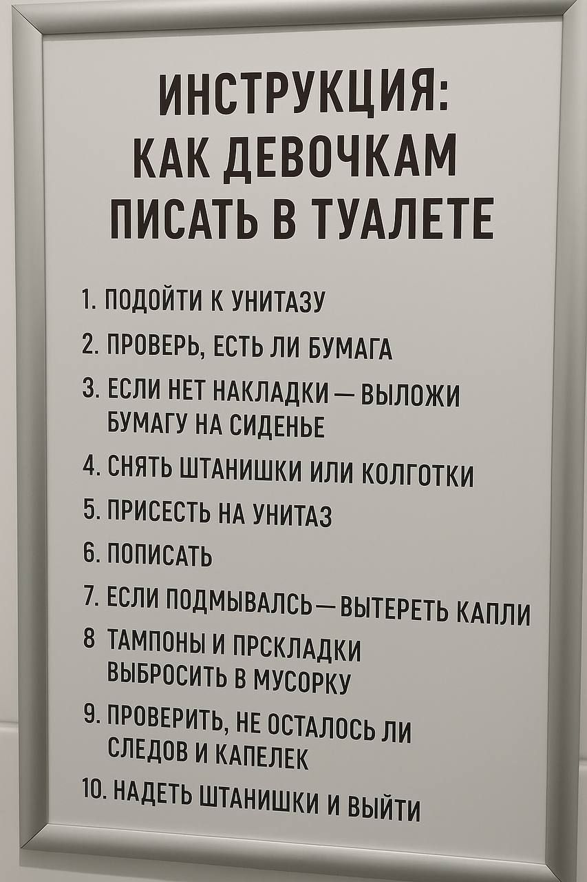 ИНСТРУКЦИЯ: КАК ДЕВОЧКАМ ПИСАТЬ В ТУАЛЕТЕ
1. ПОДОЙТИ К УНИТАЗУ
2. ПРОВЕРЬ, ЕСТЬ ЛИ БУМАГА
3. ЕСЛИ НЕТ НАКЛАДКИ — ВЫЛОЖИ БУМАГУ НА СИДЕНЬЕ
4. СНЯТЬ ШТАНИШКИ ИЛИ КОЛГОТКИ
5. ПРИСЕСТЬ НА УНИТАЗ
6. ПОПИСАТЬ
7. ЕСЛИ ПОДМЫВАЛСЬ — ВЫТЕРЕТЬ КАПЛИ
8. ТАМПОНЫ И ПРЯКЛАДКИ ВЫБРОСИТЬ В МУСОРКУ
9. ПРОВЕРИТЬ, НЕ ОСТАЛОСЬ ЛИ СЛЕДОВ И КАПЕЛЕК
10. НАДЕТЬ ШТАНИШКИ И ВЫЙТИ
