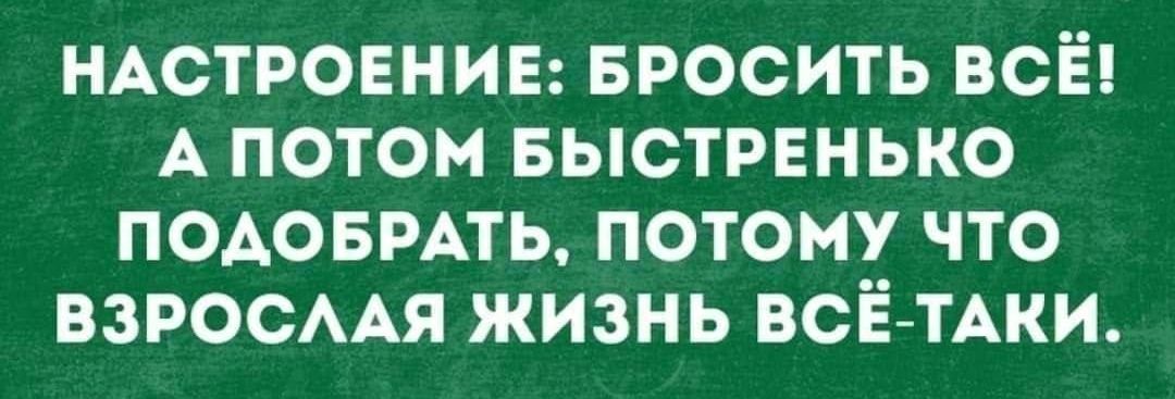 НАСТРОЕНИЕ: БРОСИТЬ ВСЁ! А ПОТОМ БЫСТРЕНЬКО ПОДОБРАТЬ, ПОТОМУ ЧТО ВЗРОСЛАЯ ЖИЗНЬ ВСЁ-ТАКИ.