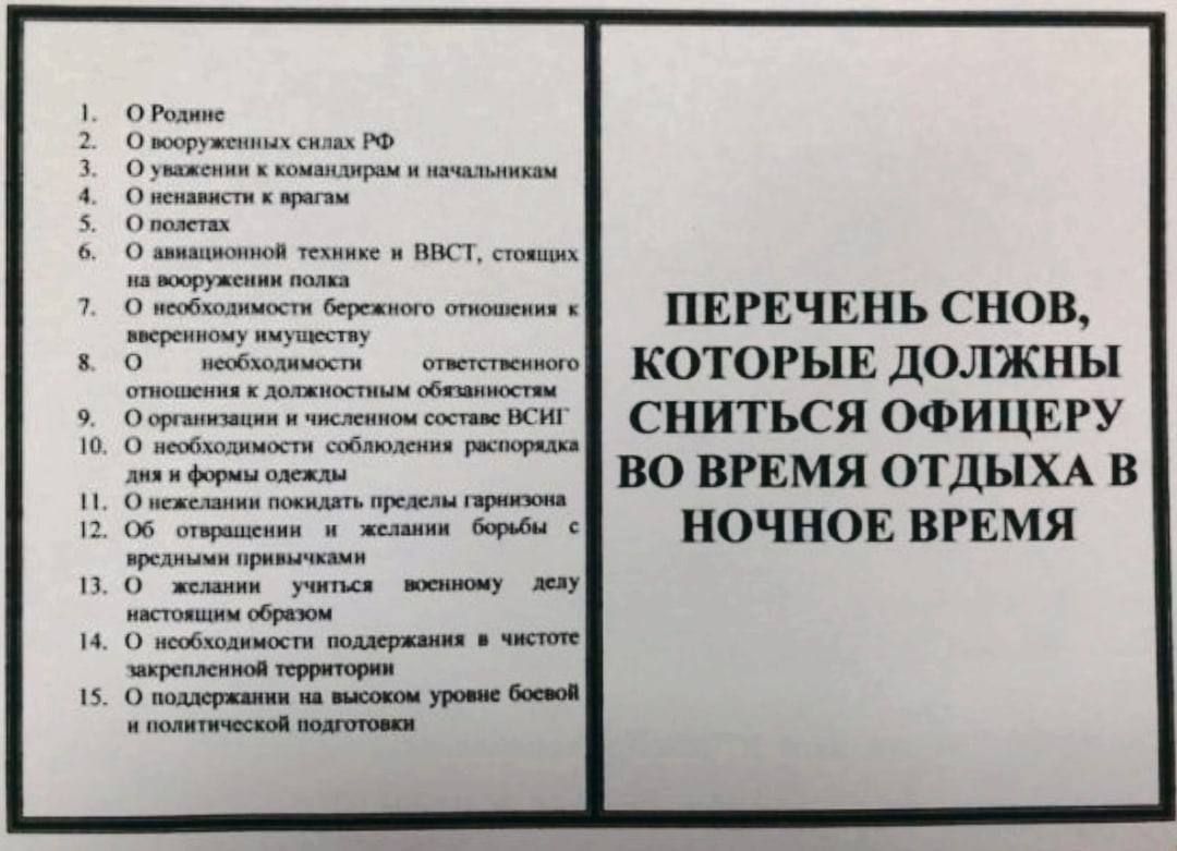 1. О Росписи
2. О вооруженных силах РФ
3. О взаимодействии с командиром и начальниками
4. О планах
5. О радиационной технике и ВВСТ, стоящих на вооружении страны
6. О необходимости бережного отношения к военнослужащим
7. О необходимости общественного отношения к должностям должностных лиц
8. О необходимости соблюдения порядка ВВС
9. О необходимости к представлению гарнизонов
10. О неоднозначности положения и чистоте поведения
11. О необходимости послания в чистоте отношений
12. О поддержке на высоком уровне боевых и политических подготовок

ПЕРЕЧЕНЬ СНОВ, КОТОРЫЕ ДОЛЖНЫ СНЯТЬСЯ ОФИЦЕРУ ВО ВРЕМЯ ОТДЫХА В НОЧНОЕ ВРЕМЯ