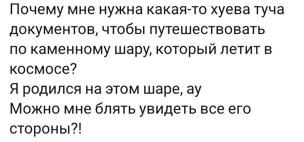 Почему мне нужна какая-то х**вая туча документов, чтобы путешествовать по каменному шару, который летит в космос? Я родился на этом шаре, ау Можно мне блять увидеть все его стороны?!