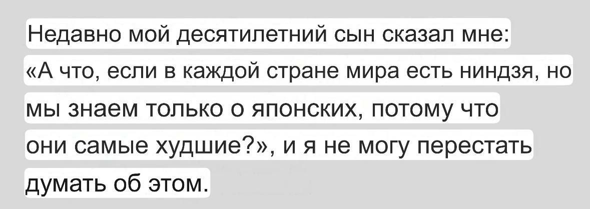 Недавно мой десятилетний сын сказал мне: «А что, если в каждой стране мира есть ниндзя, но мы знаем только о японских, потому что они самые худшие?», и я не могу перестать думать об этом.