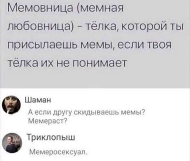 Мемовница (мемная любовница) - тёлка, которой ты присылаешь мемы, если твоя тёлка их не понимает
Шаман
А если другу скидываешь мемы? Мемераст?
Триклопыш
Мемеросексуал.