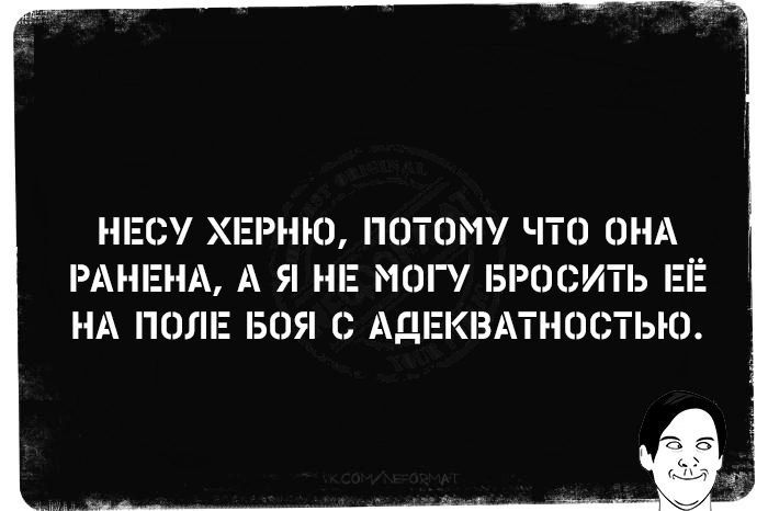НЕСУ ХЕРНЮ, ПОТОМУ ЧТО ОНА РАНЕНА, А Я НЕ МОГУ БРОСИТЬ ЕЁ НА ПОЛЕ БОЯ С АДЕКВАТНОСТЬЮ.