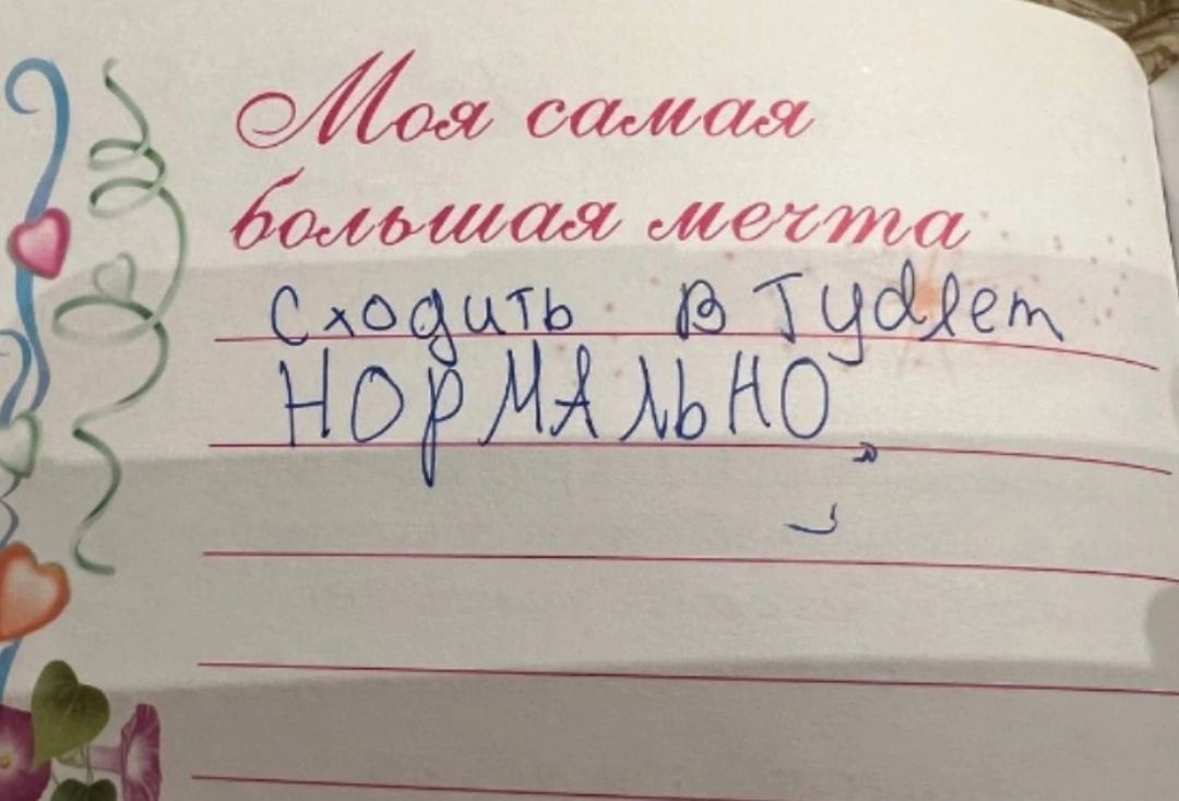Моя самая большая мечта
Сходить в Тулет НОРМАЛЬНО