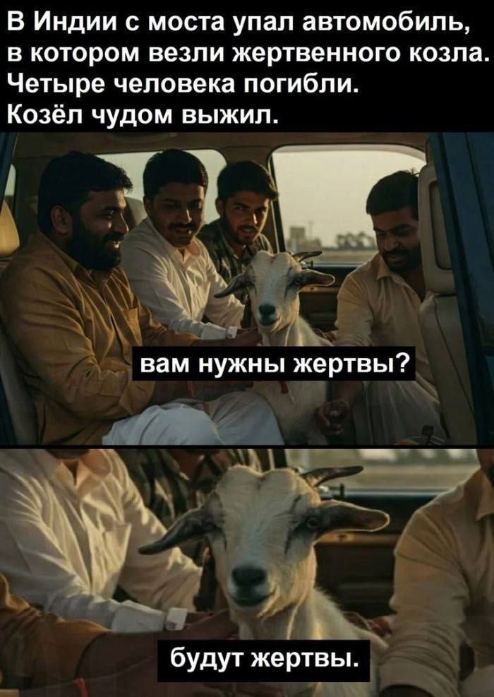 В Индии с моста упал автомобиль, в котором везли жертвенного козла. Четыре человека погибли. Козёл чудом выжил.
вам нужны жертвы?
будут жертвы.