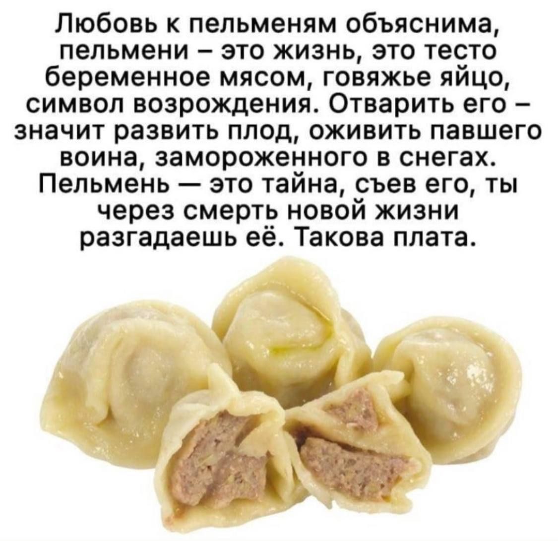 Любовь к пельменям объяснима, пельмени — это жизнь, это тесто береженое мясом, говяжье яйцо, символ возрождения. Открыть его — значит развить плод, оживить павшего воина, замороженного в снегах. Пельмень — это тайна, сьев его, ты через смерть новой жизни разгадаешь её. Такова плата.