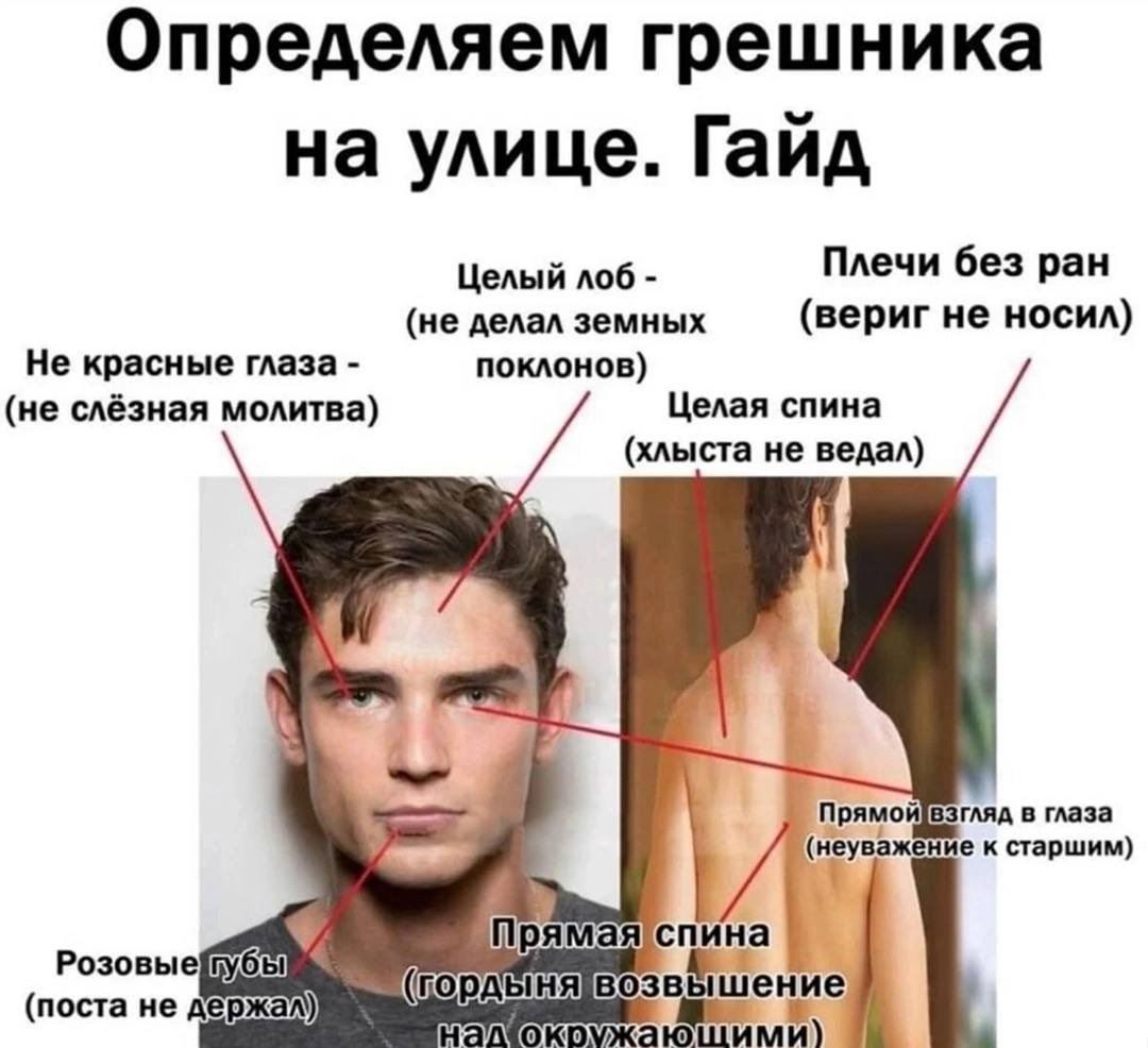 Определяем грешника на улице. Гайд
Не красные глаза - (не слёзная молита)
Целый лоб - (не делает земных поклонов)
Целая спина (хлыста не ведал)
Плечи без ран (вериг не носил)
Прямой взгляд в глаза (неуважение к старшим)
Розовые губы (пост не держал)
Прямая спина (гордыня возвышение над окружающими)